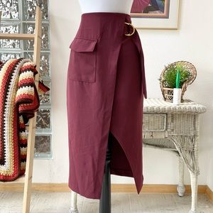 Forever 21 Burgundy Sash Belted High Waist Front Slit Wrap Pencil Midi Skirt S